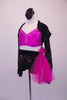 Sassy 3-piece costume has a bright pink, crystal lined half top that sits beneath a black velvet shrug with silver glitter tartan pattern. Comes with a floral hair accessory. Left side