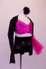 Sassy 3-piece costume has a bright pink, crystal lined half top that sits beneath a black velvet shrug with silver glitter tartan pattern. Comes with a floral hair accessory. Right side