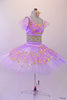 Professional pleated & hand tacked 9-layer pancake two-piece tutu has pale lavender overlay adorned with gold sequin & appliqued flowers. The matching bra-like bodice has hook closure, scoop back & is lined entirely with cascading beaded pearl fringe accent. Comes with lavender tulle armbands and hair accessory. Side