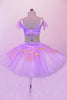 Professional pleated & hand tacked 9-layer pancake two-piece tutu has pale lavender overlay adorned with gold sequin & appliqued flowers. The matching bra-like bodice has hook closure, scoop back & is lined entirely with cascading beaded pearl fringe accent. Comes with lavender tulle armbands and hair accessory. Back