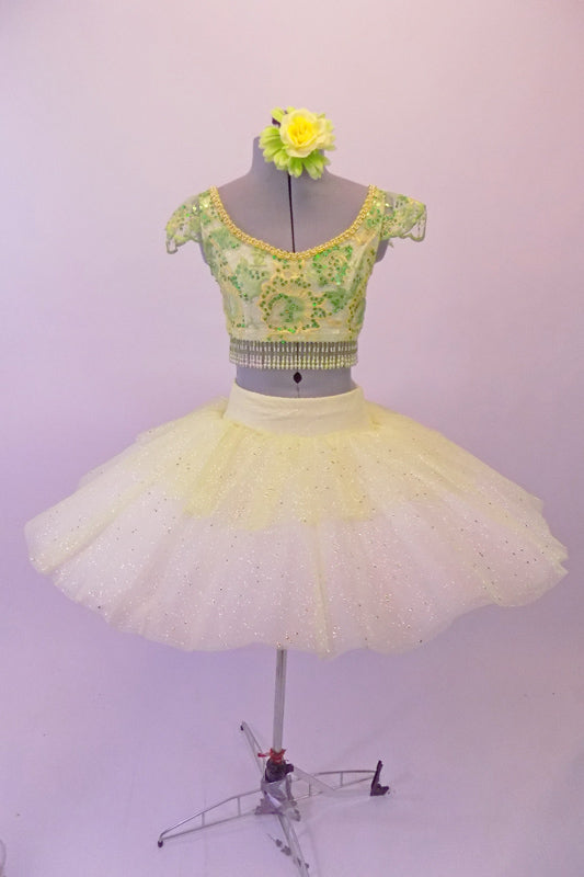 Professional pleated & hand tacked, 9-layer pancake tutu is two-piece. The tutu has an ivory basque & gold crystal tulle overlay with sequin accents & appliqued flowers. The bodice is a crop style top with pearl beaded fringe, gold & green sequined, applique floral lace & scalloped cap sleeves. Comes with hair flower. Front