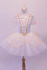 Professional pleated & hand tacked pancake tutu is perfect for the pre-teen ballerina. The white tutu is scattered with crystals & has a cream sequined split overlay with sequined edging. The bodice has a matching sequined V-panel front edged with gold braiding. Comes with lightly ruffled sequined tulle armbands. Front