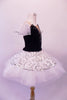 Pleated, hand tacked pancake tutu is a beautiful contrast of black & white. The tutu is scattered with crystals & has a silver sequined overlay. The black velvet bodice has a deep sweetheart cut with nude mesh centre & hand painted silver branch design. Comes with white tulle armbands and crystal hair barrette. Right side