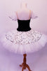 Pleated, hand tacked pancake tutu is a beautiful contrast of black & white. The tutu is scattered with crystals & has a silver sequined overlay. The black velvet bodice has a deep sweetheart cut with nude mesh centre & hand painted silver branch design. Comes with white tulle armbands and crystal hair barrette. Back