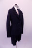 Dress suit style costume is a thick stretchable navy blue knit. It comes with thick a button front, tapered blazer with full lapels and matching pant-style zipper front shorts. The white long-sleeved shirt and navy blue tie complete the professional business look. Side