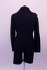 Dress suit style costume is a thick stretchable navy blue knit. It comes with thick a button front, tapered blazer with full lapels and matching pant-style zipper front shorts. The white long-sleeved shirt and navy blue tie complete the professional business look. Back