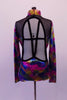 Long-sleeved high collar leotard in is iridescent fuchsia, blue charcoal & amber with a glittery black sheer mesh at front shoulders that extends down the front centre to hip. The sweetheart bust opens to reveal mesh that hugs the sides. Low, open back has two black vertical straps & one horizontal at mid back. Back