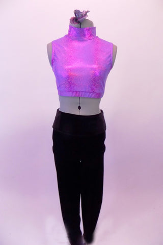 Two-piece costume comes with pink shimmery iridescent high collar crop top with open keyhole back. The pants are a thicker stretch velvet legging with a shimmery high waistband. Comes with a floral hair accessory. Front
