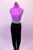 Two-piece costume comes with pink shimmery iridescent high collar crop top with open keyhole back. The pants are a thicker stretch velvet legging with a shimmery high waistband. Comes with a floral hair accessory. Front