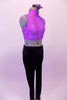 Two-piece costume comes with pink shimmery iridescent high collar crop top with open keyhole back. The pants are a thicker stretch velvet legging with a shimmery high waistband. Comes with a floral hair accessory. Side