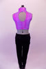 Two-piece costume comes with pink shimmery iridescent high collar crop top with open keyhole back. The pants are a thicker stretch velvet legging with a shimmery high waistband. Comes with a floral hair accessory. Back