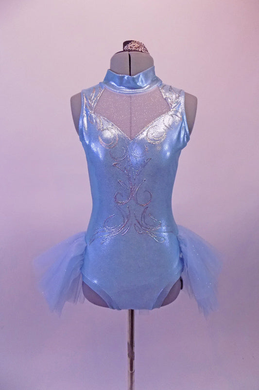 Beautiful ice blue shimmery leotard has a front cut-out at bust with blue glitter mesh inlay. Hand-painted silver swirl design adorns the front of the bodice. The large open keyhole back compliments the soft tulle bustle skirt. Comes with silver hair barrette. Front