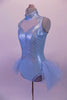 Beautiful ice blue shimmery leotard has a front cut-out at bust with blue glitter mesh inlay. Hand-painted silver swirl design adorns the front of the bodice. The large open keyhole back compliments the soft tulle bustle skirt. Comes with silver hair barrette. Side