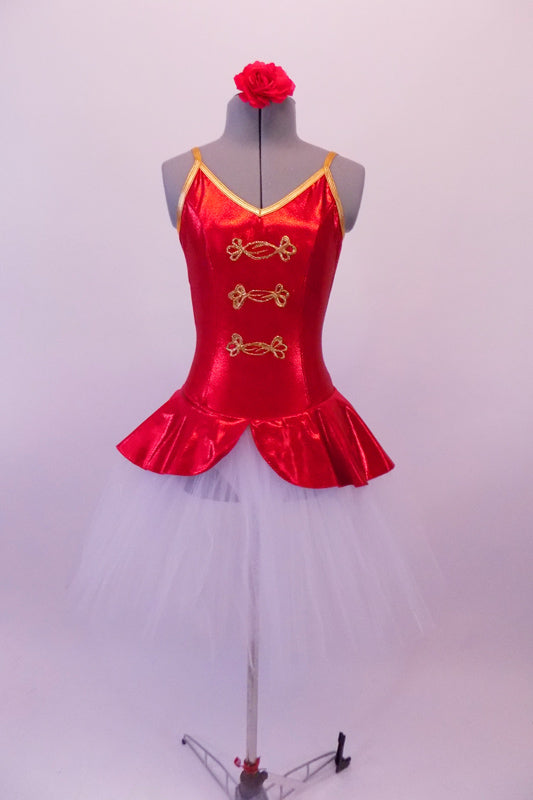 Pretty romantic ballet length tutu dress had a red soldier style bodice and peplum overlay with braided gold frog clasps. Gold piping lines the V-front bust and deep open back. Comes with a red floral hair accessory. Front