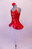 Pretty romantic ballet length tutu dress had a red soldier style bodice and peplum overlay with braided gold frog clasps. Gold piping lines the V-front bust and deep open back. Comes with a red floral hair accessory. Side