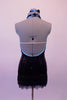 Jazz costume is a black fully sequined dress with pale blue piping. The attached hip skirt is a fully beaded black & blue fringe. The torso has a peek-a-boo hole with two small bow accents that keep it closed. The large open back has a nude horizontal strap to keep the front in place. Comes with a black sequined bow. Back