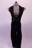 Funky costume comes with a black so-free bra covered in large gold bobbles and lined black high waisted pants  There is a black military style crop jacket with open front, gold buttons, and gold shoulder stripes that sits over top of the bra. Comes with gold stripped wrist gauntlets. Front