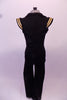 Funky costume comes with a black so-free bra covered in large gold bobbles and lined black high waisted pants  There is a black military style crop jacket with open front, gold buttons, and gold shoulder stripes that sits over top of the bra. Comes with gold stripped wrist gauntlets. Back