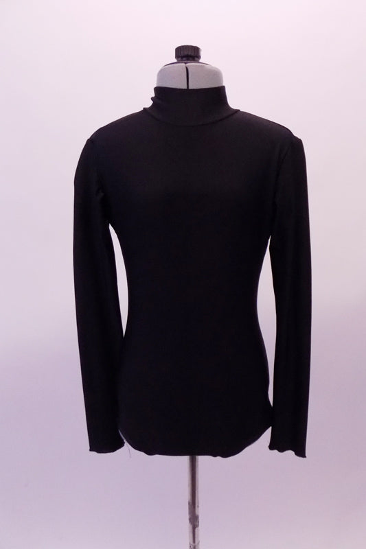 Simple costume makes a bold statement. Black leotard has a high neck, long sleeves and a zip-up back The banded leg openings ensure the bottom won’t ride. Front