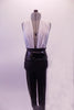 White slinky halter leotard has an open back and the front is comprised of two panels that extend from the waist and attaches at the back of the neck leaving the front centre exposed. The high, wide-waisted slim pants have a built- in large belt and buckle accent. Comes with a hair accessory. Front