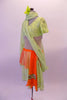 3-piece costume has a traditional taste of India with a Bollywood feel. Pale green beaded lace covered half-top has cap sleeves & beaded scallop trim. It is complemented by a single Bishop-sleeved half-shrug that extends into a long wrap scarf. The matching skirt has orange peplum overskirt with a beaded kerchief. Left side
