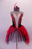 Romantic ballet tutu dress has a Russian-style bodice of black velvet with red & gold spiral accent at back and front surrounding a white deep V-front decorated with crystals & sequined piping. The white tulle base is covered by black tulle & a red tulle bustled overlay. Comes with hand painted mask and white gloves. Front