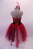 Romantic ballet tutu dress has a Russian-style bodice of black velvet with red & gold spiral accent at back and front surrounding a white deep V-front decorated with crystals & sequined piping. The white tulle base is covered by black tulle & a red tulle bustled overlay. Comes with hand painted mask and white gloves. Back