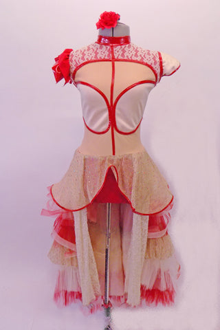 Costume is shades of nude, ivory lace with red leatherette piping collar & shoulder accents. The long open front skirt is layers of red edged, gold glitter,  red & ivory tulle. The open front reveals the red bottom of the open-backed leotard. Comes with ivory lace fingerless gloves & red floral hair accessory. Front