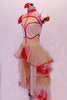Costume is shades of nude, ivory lace with red leatherette piping collar & shoulder accents. The long open front skirt is layers of red edged, gold glitter,  red & ivory tulle. The open front reveals the red bottom of the open-backed leotard. Comes with ivory lace fingerless gloves & red floral hair accessory. Left side