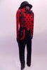 Red long-sleeved leotard with large black polka dots &red button cuffs has a collar and bowtie. The matching diamond sequined print pants have attached suspenders held in place by keepers at the shoulder. The pockets are edged in red & match the large red front button. Comes with a black bowler hat. Side