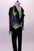 Black based full unitard has green sequined triangle leg accents to match the green sequined bandeau bust. The blazer style top has wide lapel collar lined in large crystals that open to reveal the green bandeau. The body of the jacket has a metallic marbling of blues & greens that match the cuffs of the sheer sleeves. Side