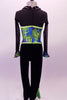 Black based full unitard has green sequined triangle leg accents to match the green sequined bandeau bust. The blazer style top has wide lapel collar lined in large crystals that open to reveal the green bandeau. The body of the jacket has a metallic marbling of blues & greens that match the cuffs of the sheer sleeves. Back