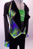 Black based full unitard has green sequined triangle leg accents to match the green sequined bandeau bust. The blazer style top has wide lapel collar lined in large crystals that open to reveal the green bandeau. The body of the jacket has a metallic marbling of blues & greens that match the cuffs of the sheer sleeves. Side zoomed