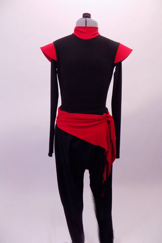 Black long-sleeved leotard has zip-up back, red high neck collar accent and red stand-up cap sleeves. The matching drop-crotch pants have a red sarong style belt that ties at the left hip. Front