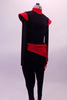 Black long-sleeved leotard has zip-up back, red high neck collar accent and red stand-up cap sleeves. The matching drop-crotch pants have a red sarong style belt that ties at the left hip. Side