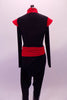 Black long-sleeved leotard has zip-up back, red high neck collar accent and red stand-up cap sleeves. The matching drop-crotch pants have a red sarong style belt that ties at the left hip. Back