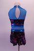 Teal short unitard is a mix if iridescent fuchsia, blue charcoal and amber with teal sheer mesh at shoulders and deep V front. The waist and collar band are solid teal and the back has a keyhole opening. Large crystals line the entire bust and waist area. Comes with a hair accessory. Back