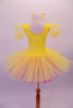 Yellow pleated ballet dress has sheer pouffe sleeves and a large emoji-style happy face on the torso with a crystal-edged neckline. The tutu skirt is yellow with a layer of pale pink beneath. Comes with large yellow hair bow accessory. Back