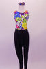 Multi-coloured platter pattern racer-back leotard has an oval opening at the low back. The leotard is accompanied by black, drop-crotch harem hip-hop pants. Comes with matching hair accessory. Front
