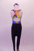 Multi-coloured platter pattern racer-back leotard has an oval opening at the low back. The leotard is accompanied by black, drop-crotch harem hip-hop pants. Comes with matching hair accessory. Back