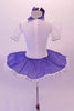 Cute white pancake tutu has a white velvet bodice with pouffe sleeves and blue collar. The skirt overlay is a denim with lace edging that matches the tartan tie. Comes with blue hair bow accessory. Back