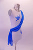Short white tunic dress has hand-painted blue doves with an olive branch in the right bust and left hip. A blue sash cascades from left shoulder, across the torso to the right hip. Comes with white brief and hair accessory. Right side