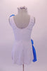 Short white tunic dress has hand-painted blue doves with an olive branch in the right bust and left hip. A blue sash cascades from left shoulder, across the torso to the right hip. Comes with white brief and hair accessory. Back