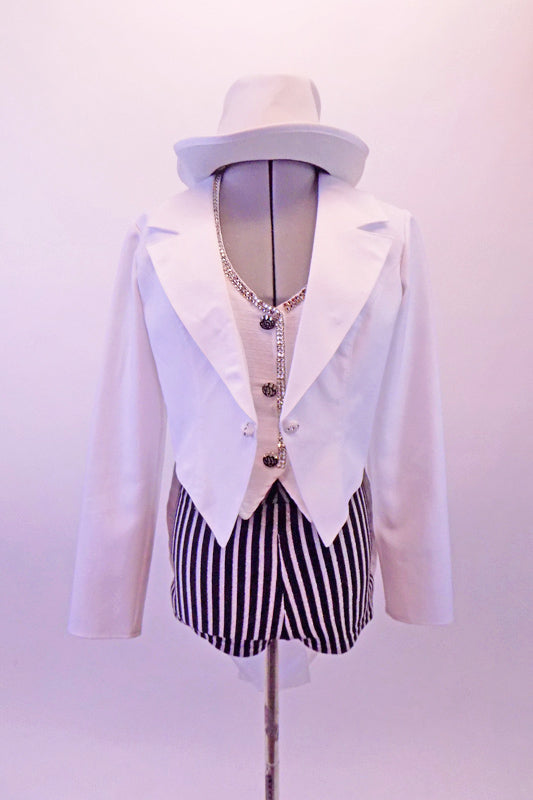 Three-piece costume has a white quilted halter vest edged with crystals & crystalled buttons, has a tapered white tailcoat. The black & silver striped high waisted shorts make the costume pop. Comes with a white fedora hat. Front