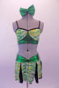 Green Yellow & silver crackle pattern two-piece costume has a crop top with bra-like inlay over shiny green with black piping & crystal accents. The matching skirt has a wide shiny green waistband that gathers at front centre and spliced panels of colour and black that create the actual skirt. Comes with green hair bow. Front