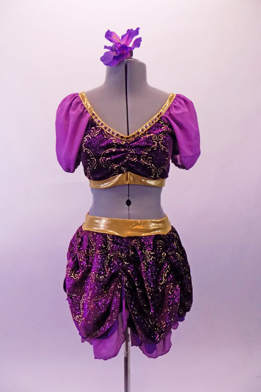 Renaissance themed two-piece costume is a dark purple velvet with gold brocade design. The top has pouffe chiffon sleeves, gold banding and accented along the neckline with purple crystals. The matching skirt with gold waistband gathers in a series of scallops. Comes with a purple floral hair accessory. Front