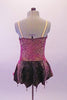 Merlot coloured leotard dress is velvet with gold swirl designs design, gold center inlay faux boning as well as a gold heart jewel at the bust. The short skirt has slight peaks with gold bead dangle accents. Comes with gold hair barrette. Back
