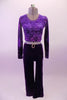 Purple marbled glitter pattern, long sleeved half-top has a low scoop neck lined with crystals. The matching dark purple velvet pants have a slight widening of the leg bottom and a crystal belt buckle accent. Front