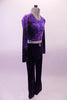 Purple marbled glitter pattern, long sleeved half-top has a low scoop neck lined with crystals. The matching dark purple velvet pants have a slight widening of the leg bottom and a crystal belt buckle accent. Side