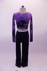 Purple marbled glitter pattern, long sleeved half-top has a low scoop neck lined with crystals. The matching dark purple velvet pants have a slight widening of the leg bottom and a crystal belt buckle accent. Back